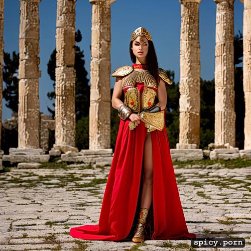 mediterrean woman warrior, wears ancient greek armour, inside ancient greek temple