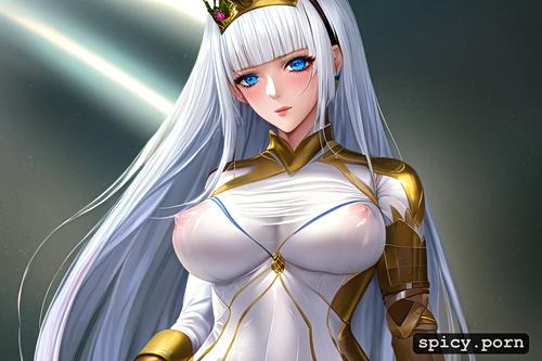 tight silk dress, white skin, perfect, hourglass body, golden thin with blue jewels crown