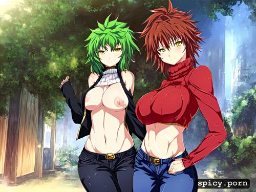 jeans shorts, hikage, red sweater short light green hair, medium breasts