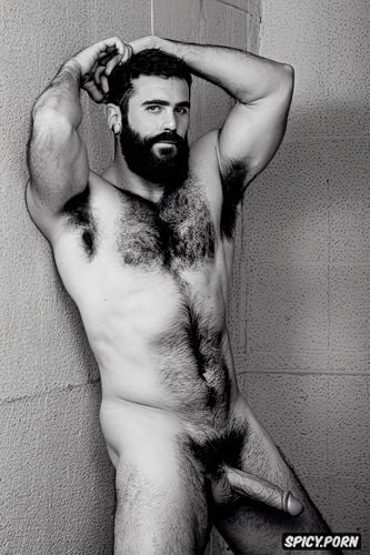 solo hairy gay beefy old man only wearing boxers showing full body and perfect face beard showing hairy armpits indoors chubby body in prison