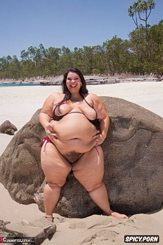 smiling woman, massive saggy boobs, full body, round face, very wide hips