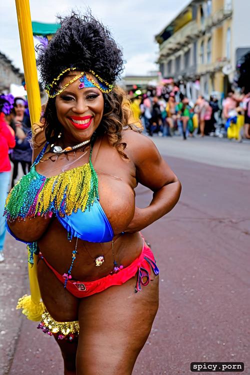 intricate beautiful costume with matching bikini top, 58 yo beautiful performing mardi gras street dancer