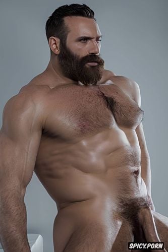 hairy, gay sex, beard, muscular and bulky, one man sucking dick and getting fucked by other men
