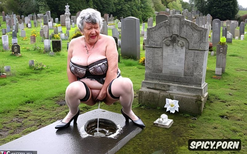 stockings, very fat granny, high heels, ultra detailed pissing 90 year old granny on the grave