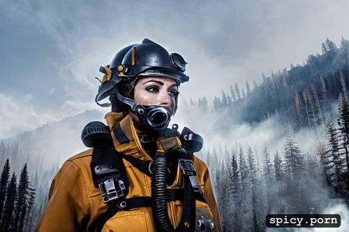 wildfire in background, portrait, lifting up scba self contained breathing apparatus mask