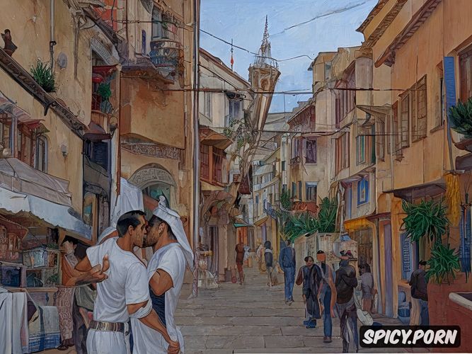 sexy, gay men kissing and sexing in the turkish old street, full body