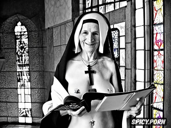 holding one book, granny, nuns, pissing, cross necklace, skinny small breasts