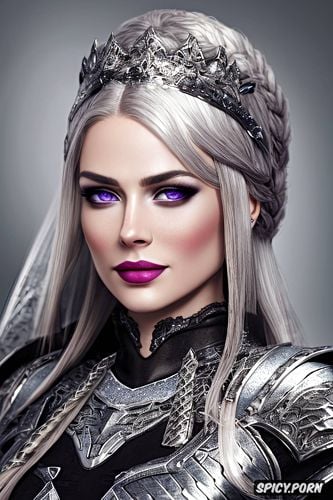 pale skin, soft purple eyes, tiara, full lips, wearing black scale armor