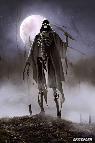 haunted clearing at night, some meters away, realistic, haunting human skeleton