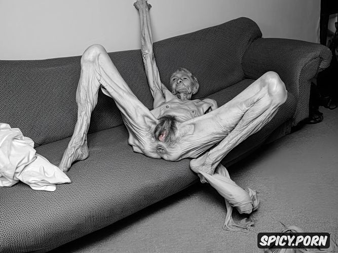 very old granny, skeletal, couch, indoors, bony, emaciated, wrinkled