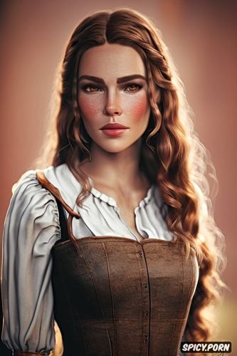 sweet, tight low brown peasant farmer dress, masterpiece, bethany hawke dragon age beautiful face pale rosy kissed skin long soft chestnut brown hair