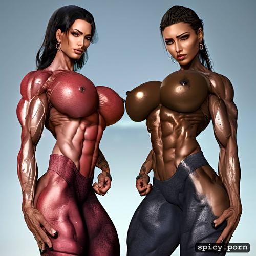 big breast, perfect face, twin sisters fight against army, very muscular