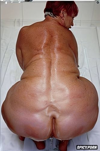 rear view, squatting, white granny, pastel colors, naked, hyperrealistic pregnant pissing muscular thighs red bobcut haircut tanned