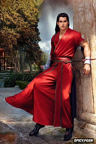 handsome 23 year old man with a lean body he has jade green eyes his long hair is mahogany brown and tied up with a red bow his fringe hangs over his forehead in loose fitting black and red daoist robes