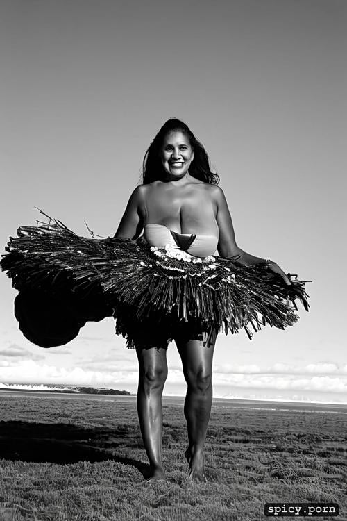 color photo, 72 yo beautiful tahitian dancer, performing, extremely busty