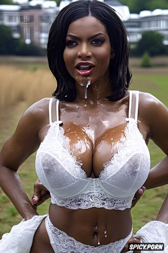 cum between tits, dark skin ebony woman, cumshot on boobs, surprised facial expression
