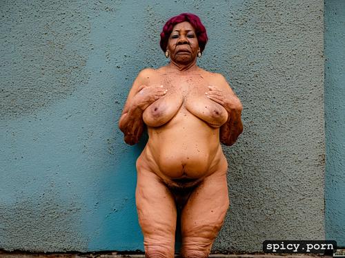full body, 80 yo, color, female, hairy pussy, wrinkles, obese