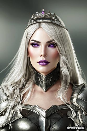 soft purple eyes, full lips, wearing black scale armor, tiara