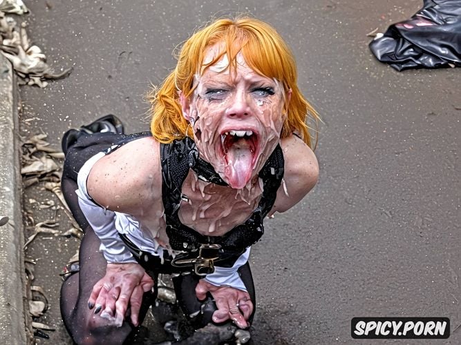 completely naked, ugly face, blevel german tween attacked in the street in front of a crowd of people
