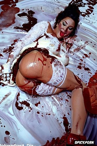 plus size model, transexual, bedsheets, syrup smeared, syrup smeared and squirting everywhere