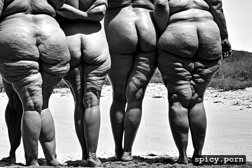 short hair, four arabian grannies standing at beach, focal length 200mm