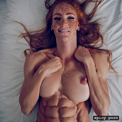 abs1 5, pillows, upper selfie, on bed, pretty face, showing flat belly