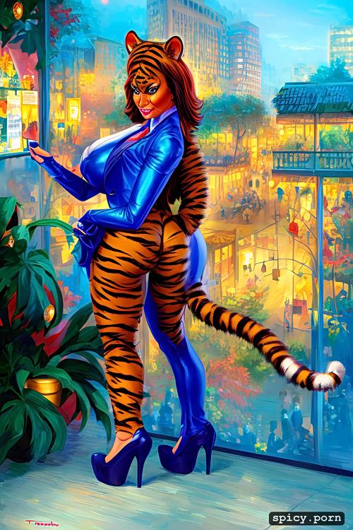 40 yo, business suit, gigantic breasts, tiger tail, tiger woman