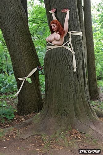 firmly bound with thick thick white rope arms backwards behind tree firmly tied together another piece of rope strong white lining bound very tight around neck and the big tree