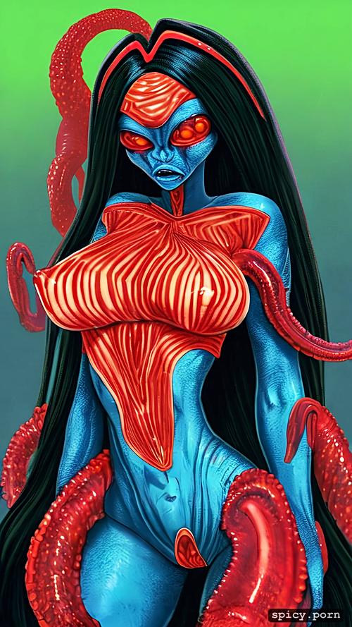 with scary alien, red mesmerizing eyes, dark fantasy, small boobs