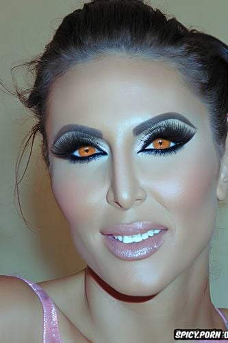 false eyelashes, orange tan, long black hair, face closeup, eye contact