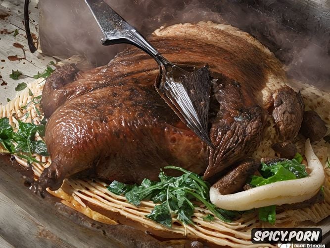 human bbw asbeing roasted baked cooked spitroasted like an pork and the roasted baked cooked human bbw is served to humancannibal in a cooking pan for cooking roasting baking human whit it for humancannibalism antrophagie gynophagia