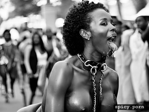 on leash, onlookers, dripping cum, cum on face, nude, african woman