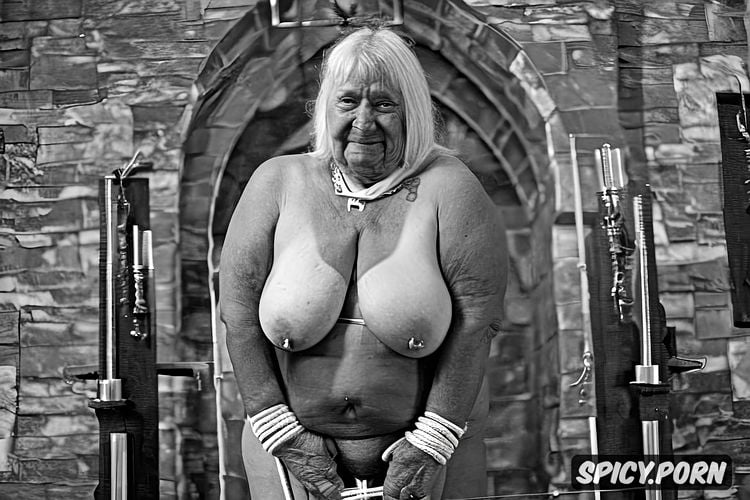 big saggy tits, fat, cross necklace, looking in camera, cathedral