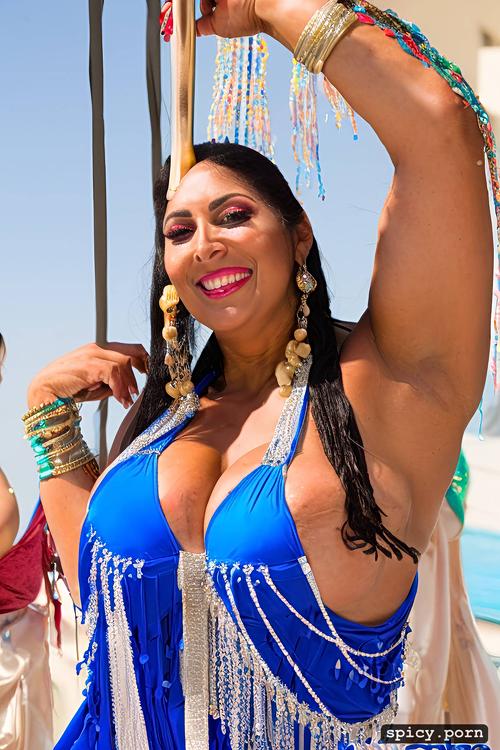 color photo, 42 yo beautiful thick american bellydancer, huge hanging boobs