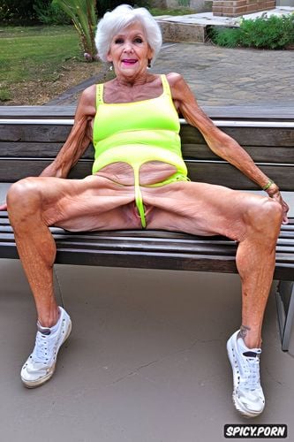 old skinny beautiful wrinkled granny tongue out in detailed spandex yellow short shorts lips cameltoe spread leg sit on bench outside in hot summer showin pussy bulge point of view