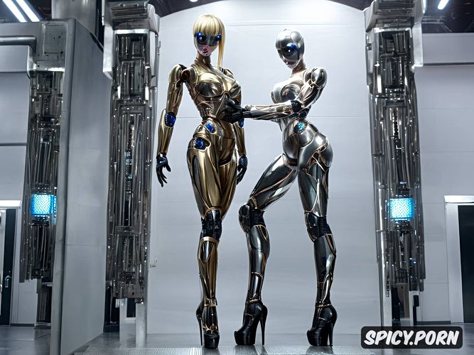 sexy blonde robot with fully metallic body and huge tits, full body view