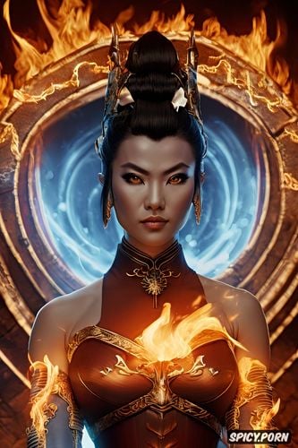 artstation, flame crown, face shot, black hair in an intricate updo