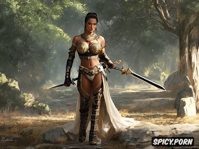 spartan female warrior, athletic body, sword, long legs, elegant