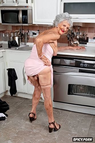 muscular, in kitchen bent over against sink, wearing open toe heel dress sandals looking back smiling