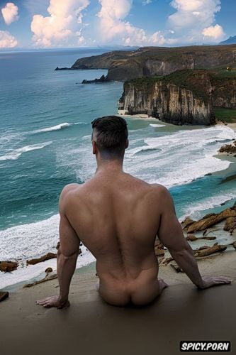 zoomed in, young man, beach, blue eyes, tanned, ass cheeks spread