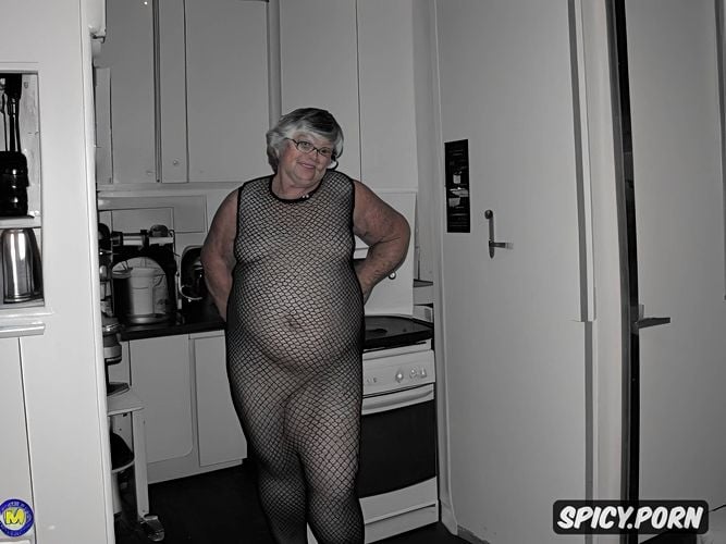 standing, big belly, kitchen, wide hips, granny, looking at viewer