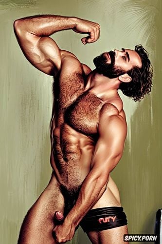 solo handsome nude man muscular boxer ufc heavyweight heavy set huge biceps hairy gay man with a big dick showing full body and perfect face beard showing hairy armpits indoors beefy body dark brown hair gay porn star