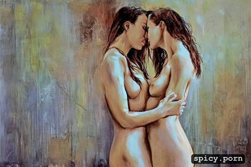 two naked women bound together face to face hugging crying