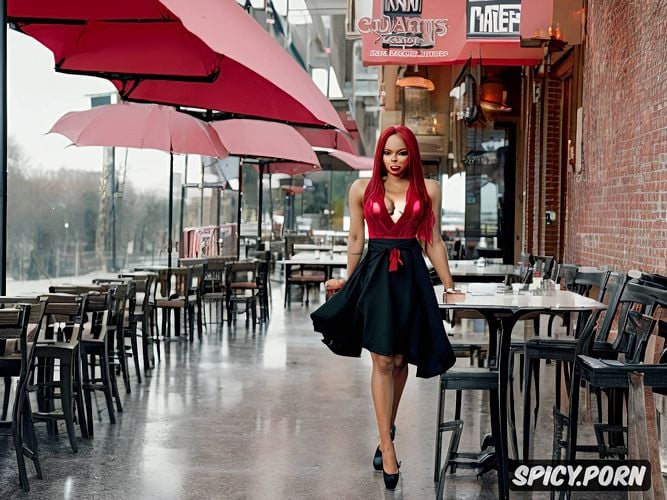 standing in front of a cafe, red hair, wide stance, exotic waitress