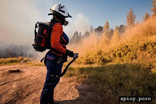wildfire in background, portrait, lifting up scba self contained breathing apparatus mask