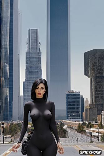 petite body, walking down the road, skyscrapers in the background