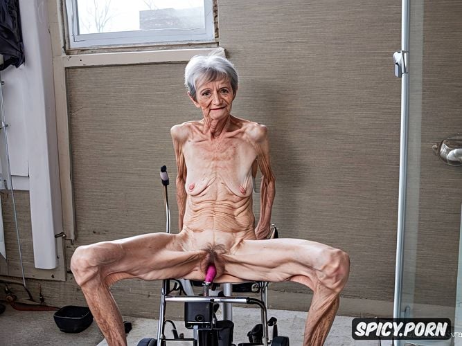 very old granny, very thin, spreading legs, grey hair, sitting on a wheelchair