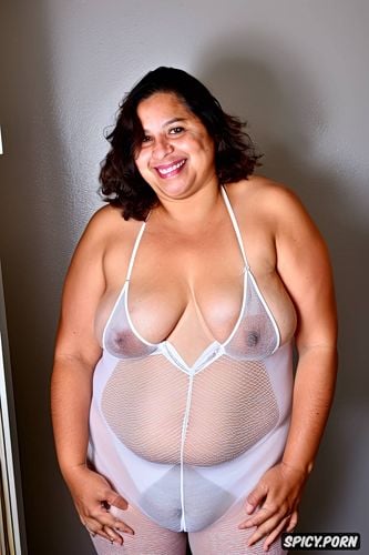 full shot, shrink boobs, wearing a white transparent short and tight sleeveless jumpsuit and transparent pantyhose