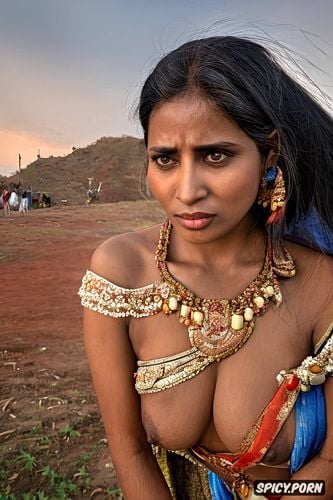 photogenic face, vulnerable young beauty shifting her villager clothes