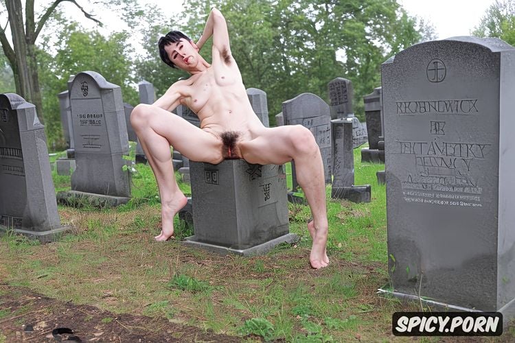 much dark hair on legs, bony, cemetery, ninety, showing armpits